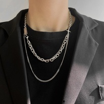 Double-layer titanium steel necklace male European and American style street hip-hop Tide people sweater chain neutral texture cold wind necklace