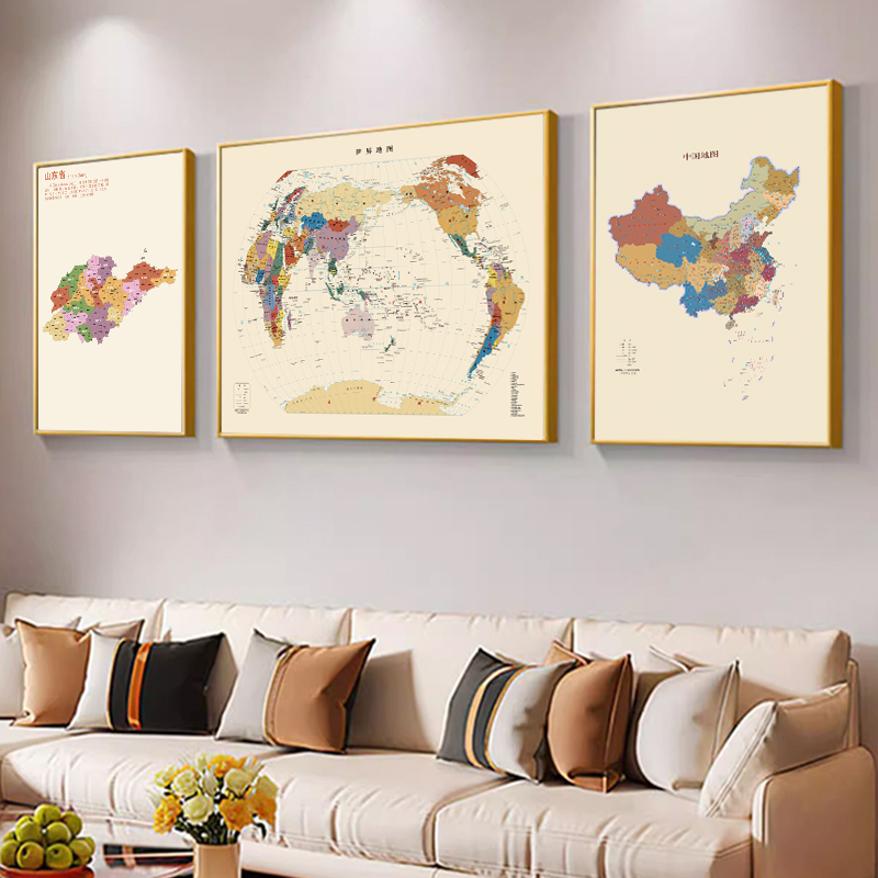 世界中国地図リビングルームのソファの背景の壁の装飾絵画オフィスの壁チャートモダンなシンプルなトリプティク吊り絵画