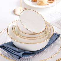 Light luxury hotel restaurant gold-rimmed bone china large noodle bowl deep bowl 7 inch white porcelain bowl soup bowl home bowl two bowl