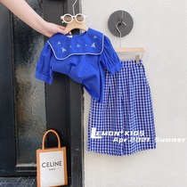 Girls  summer suit 2021 summer new fashionable female baby super Western style short-sleeved shirt wide-leg pants two-piece suit