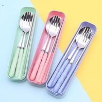 Stainless steel chopsticks spoon suit cutlery box wheat straw Two outstrips with students creative cutlery fork