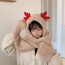 Antlers one scarf hat gloves three sets of women winter plush warm thick cute antifreeze wind ear protection