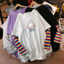Maternity striped long-sleeved T-shirt womens fake two loose Korean ins tide fat plus size fat sister top clothes