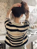 2021 summer new design sense niche black and white striped polo shirt top pure cotton short-sleeved t-shirt female ins