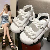 Roman sandals women 2022 summer new muffin heel thick bottom heightening chain Korean version magic sticker with beach sandals