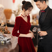 Toasting Bride 2021 New Autumn and Winter Red Long Sleeve Velvet Little Man Wedding Engagement Dress