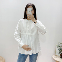 Pregnant womens shirt Spring and Autumn new white large loose base fashion medium-long pregnant wild shirt