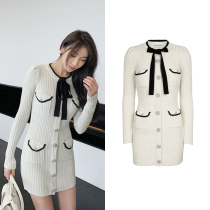  Self Portrait small fragrance white knit dress SP bow long sleeves diamond-button short skirt