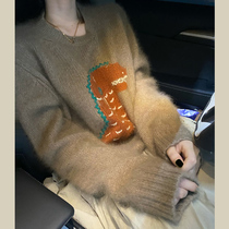 Autumn and winter foreign style small dinosaur jacquard mohair sweater female Korean sweet retro sweater thick pullover top
