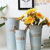 Vintage made old tin flower bucket Florist flower bucket Flower arrangement bucket Hemp rope binaural decorative wake flower bucket American flower bucket