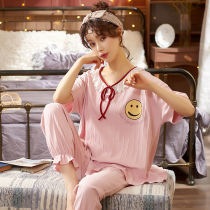 Pajamas womens summer set cotton high-grade short-sleeved trousers Sweet cartoon thin home clothes Korean version of the suit can be worn outside