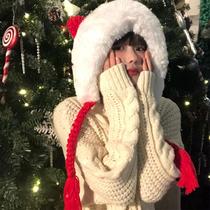 Christmas Red Ear Knitted Woolen Hat Women's Plush Thickened Warm Lei Feng Hat Cute Ear Protection Hat in Autumn and Winter