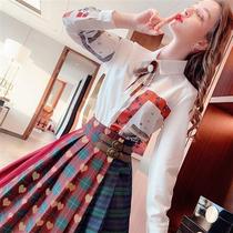Sweet set 2021 spring and autumn fashion age printing shirt design feel stitching pleated skirt two-piece set
