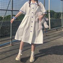 College style small fresh Korean version of sweet navy collar dress female student loose and wild medium-long section a