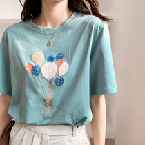  Short-sleeved womens summer loose 2021 new white t-shirt womens pure cotton half-sleeved half-sleeved balloon embroidery top ins tide