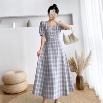Plaid square collar slim slim retro temperament bubble sleeve Cheongsam modified version of the dress womens summer gentle wind long dress