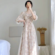 Summer slim long dress Super fairy Moriori Yamamoto bubble sleeve irregular Hepburn chiffon floral dress
