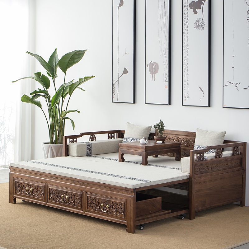 1 Tea wood Jane black about retractable bed and sofa combination Chinese new pull sofa table and chair type Walnut solid small family Arhat living room