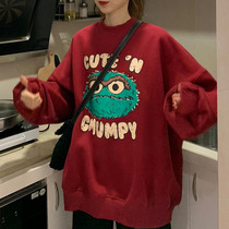 Wine red plus velvet padded sweater women autumn and winter 2021 New bf lazy wind loose medium and long large size coat