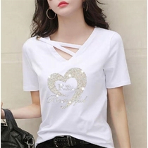 High quality V neck printed T-shirt women short sleeve loose 2021 new black white T-shirt female chicken heart collar short sleeve top