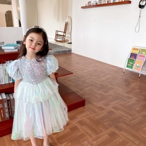 Childrens dresses summer 2021 new girls bubble sleeves foreign style girl Aisha princess mermaid sequin skirt