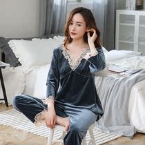 Golden Velvet Pyjamas Woman Spring Autumn Season Long Sleeves Increase Code Two Suit Winter Thickened Warmth Lady Family Residence