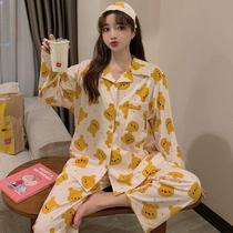 ins cute bear pajamas womens spring autumn and winter long-sleeved trousers Korean cardigan home clothes two-piece set students