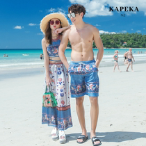 Couple swimsuit ethnic style womens split flat angle thin belly cover three-piece mens beach pants honeymoon vacation seaside