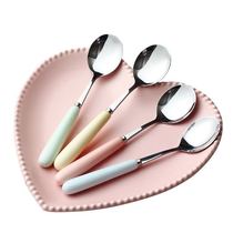 Macaron exquisite cute colorful glaze ceramic handle stainless steel Korean spoon family of four exquisite spoons