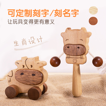 Lin Ye Xiaomu rattle baby Full Moon gift baby toy newborn three months wooden hand bell can bite