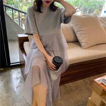 2021 new spring dress female Korean version of loose Joker short sleeve stitching mesh irregular cake skirt ins