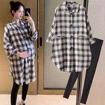 Pregnant Woman Suit Spring Dress Dress dress Korean version Pregnancy Woman Dress Loose Plaid Shirt Blouse Blouse Two Sets Pregnant Women Dress Dress