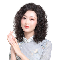 Wig female full real hair natural hand weaving medium long curly hair middle-aged mother wig headgear
