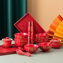 All red ceramic dragon and phoenix bowl wedding dowel tea set changed mouth to tea cup bowl wedding supplies