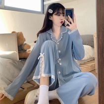 2021 autumn spring and summer new pajamas girls long sleeve lace casual cardigan home clothing cotton home clothing set