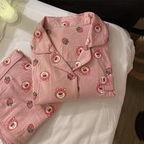 Pajamas women spring and autumn long sleeve Japanese cute cartoon strawberry bear thin can be worn outside the student home clothing two-piece set