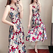 Flower chiffon suspenders dress female summer 2021 waist thin goddess fan temperament long skirt light ripe wind