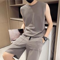 Handsome summer pure ice wire leisure sports suit men and a set with trend sleeveless shorts mens two-piece set