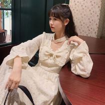 Fairy skirt autumn Japanese soft girl cute bow ruffles big skirt dress student female middle length