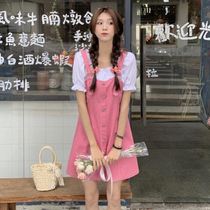 Summer 2021 new niche ins fake two piece stitching design sense strap skirt Korean chic girl dress