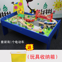 Wooden rail car train track table wooden building block game table childrens early education puzzle assembly toy electric