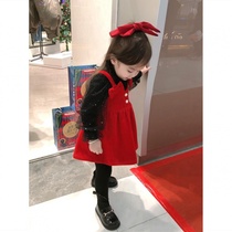 Girls fake two-piece dress baby winter style Princess New Year red baby girl sling plus velvet skirt
