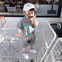 Baby men and women baby thin summer jumpsuit outer dress plaid short sleeve Haili 3-12 months cotton clothes