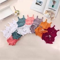 Spring and summer wind girl suit cotton linen bow candy color baby girl baby girl sling shorts two sets