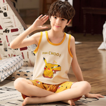 Childrens pajamas boys summer cotton thin vest set Zhongdabong 12-year-old boy cartoon short-sleeved home wear
