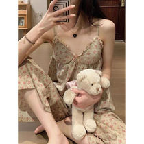 New Ins Sleepwear Womens Spring Net Red Sweet And Broken Flowers Sleeveless Harness Vest Long Pants Thin home Suit Suit