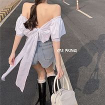 Shirt womens design sense niche short slim lace-up short-sleeved shirt 2021 summer new Korean white top