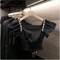Socialite heavy industry black waist fold thin top womens spring and summer short French square collar rhinestone bubble sleeve shirt