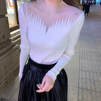 2021 spring new lace stitching semi-high neck knitwear female slim long sleeve bottoming top