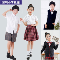 Shenzhen primary school uniform dress uniform summer suit for men and women full elastic shorts lattice skirt shirt bow tie